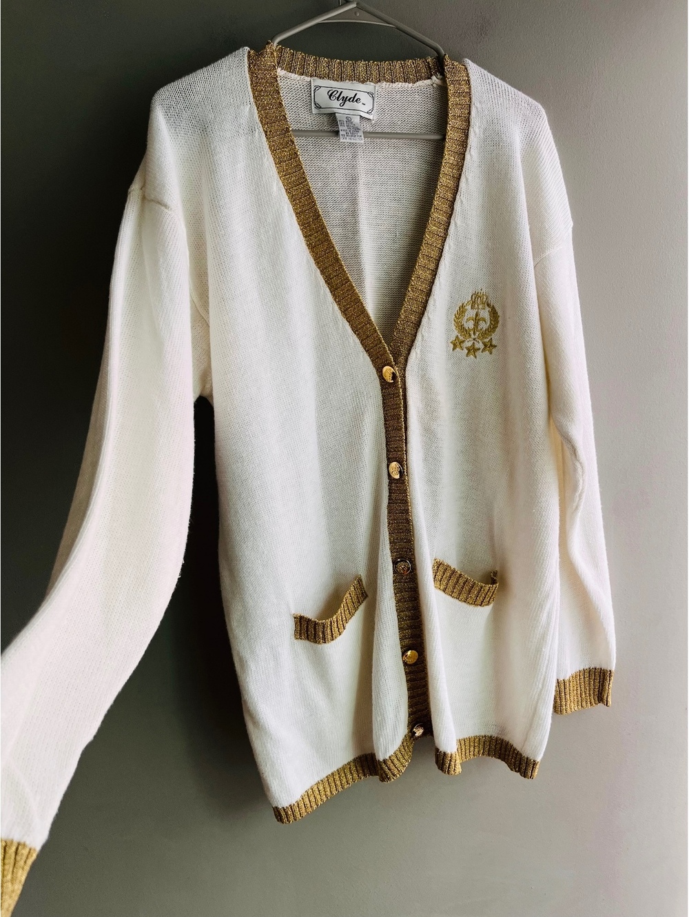 VTG Clyde Cream & Gold Knit Varsity Crest Cardigan Sweater Preppy Old Money - Picture 8 of 10